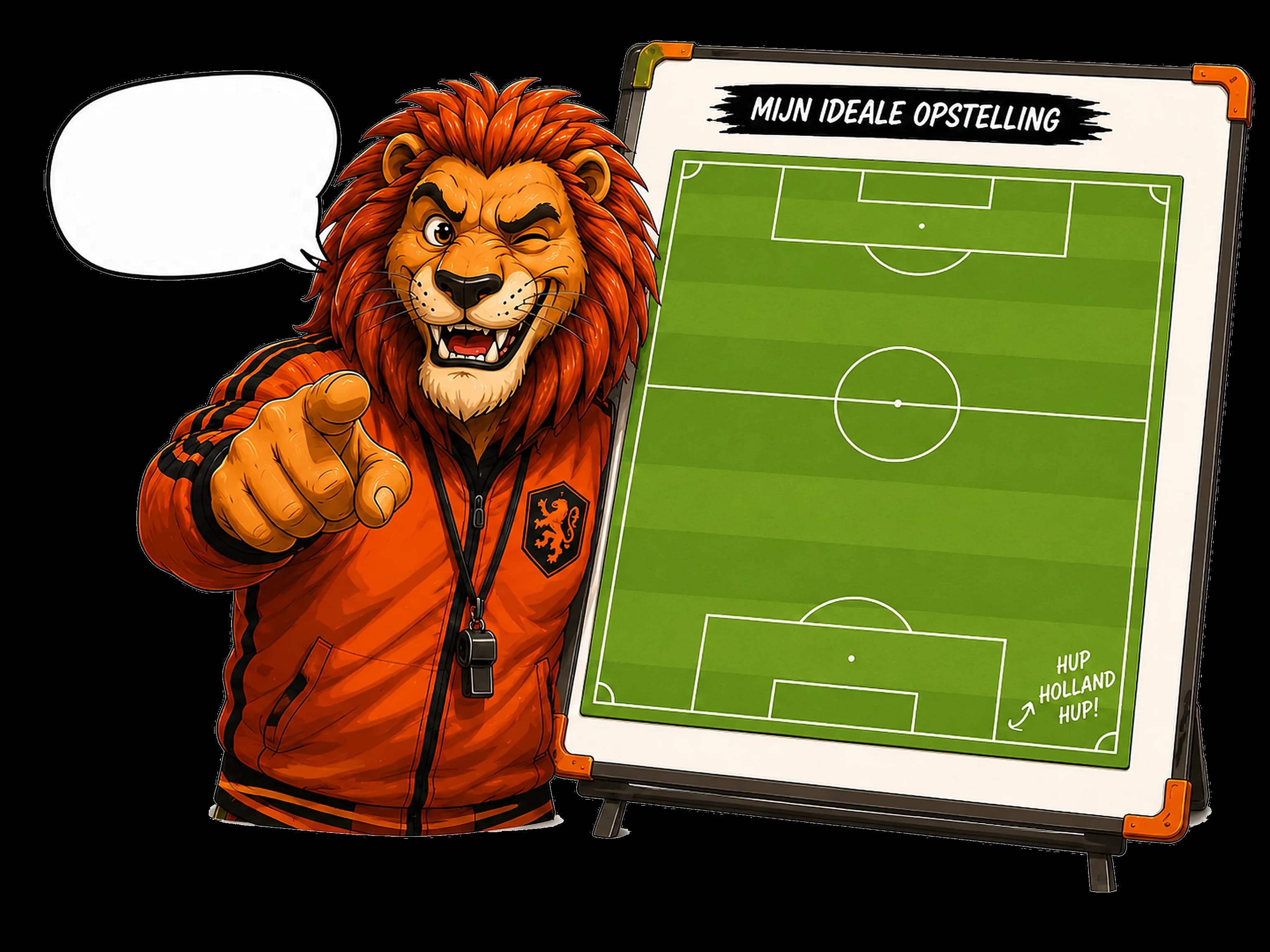 Bondscoach-leeuw met opstellingsbord
